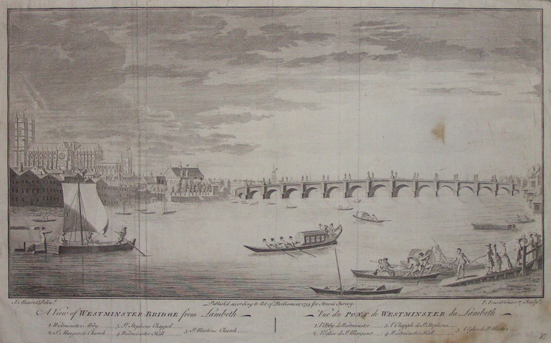 Print - A View of Westminster Bridge from Lambeth. Vue du Pont de Westminster du Lambeth. - Fourdrinier